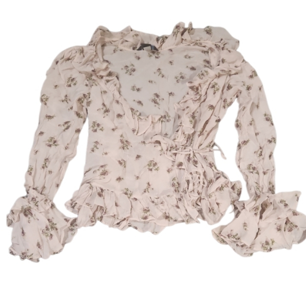 Vintage 100% Silk Med Wrap Around Tie Floral Ruffle Blouse